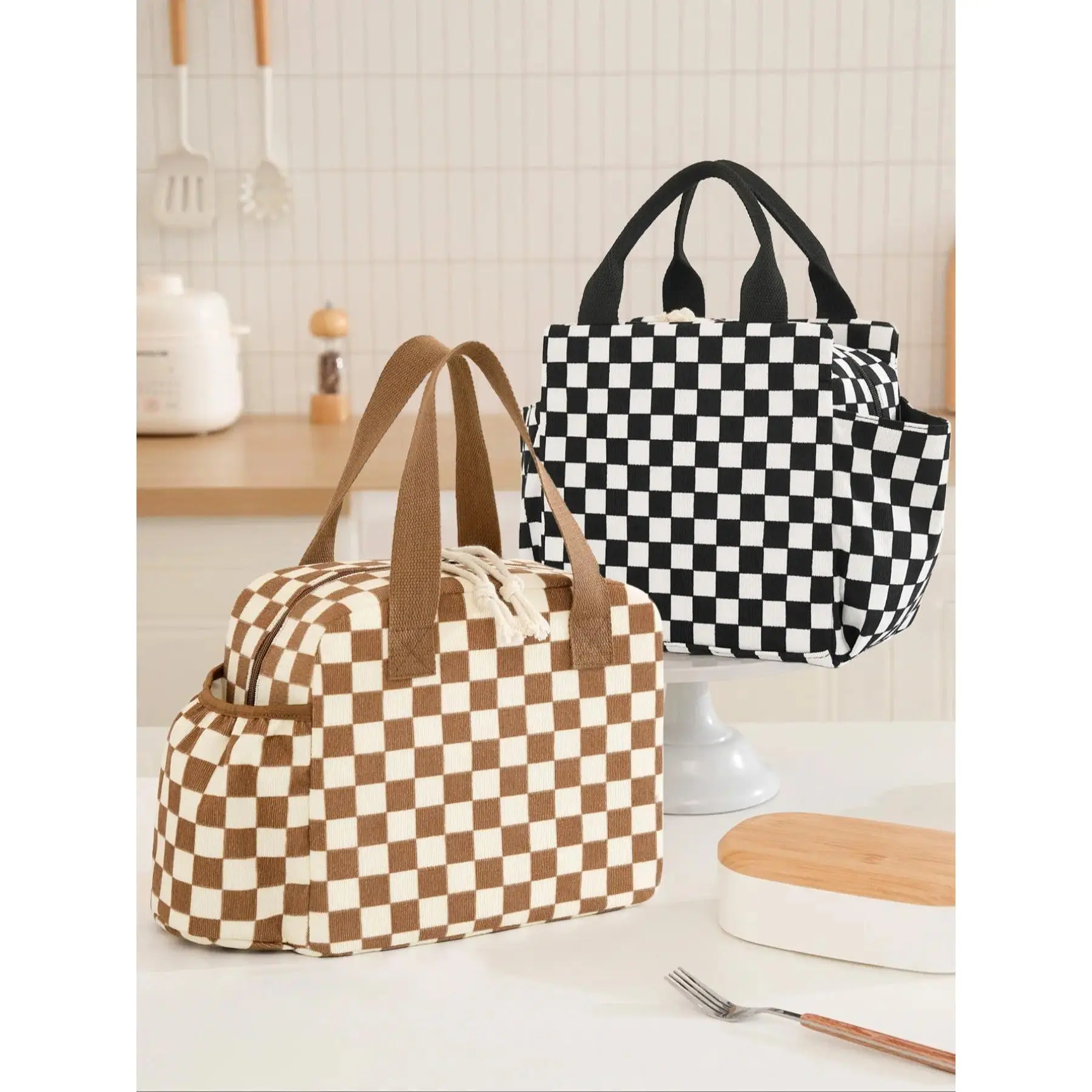 Durable Lunch Bag, Chess Pattern Corduroy Insulated Cooler Tote, Large Capacity Reusable Cold Storage Bag for Work, Picnic & Outdoor Use, Durable Lunch Bags