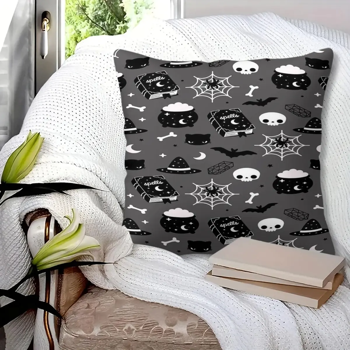 1pc hug pillow, soft cozy breathable durable fade-resistant colorfast wrinkle-free, spooky halloween gothic decorative pillow with skull spider web witch hat spell book bat bone pattern, perfect for bedroom sofa couch living room home decor, machine