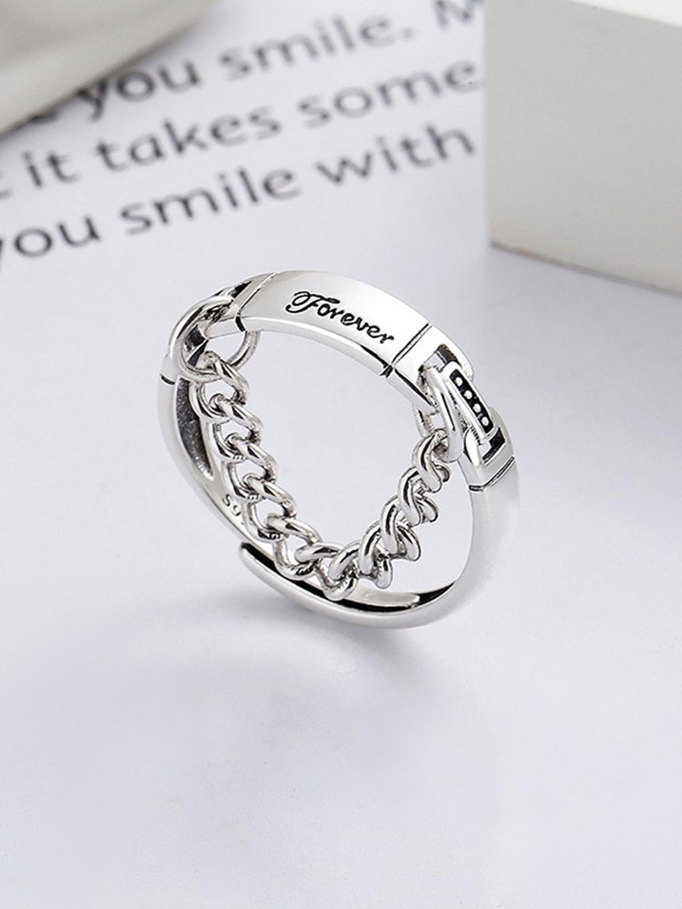 925 Sterling Silver Vintage Letter Design Engraved Ring, Adjustable Chain Design Ring for Women & Girls, Fashion Jewelry for Party, Daily Decor, Trendy All-match & Exquisite Jewelry for Birthday Gift, Valentine's Day, Gift