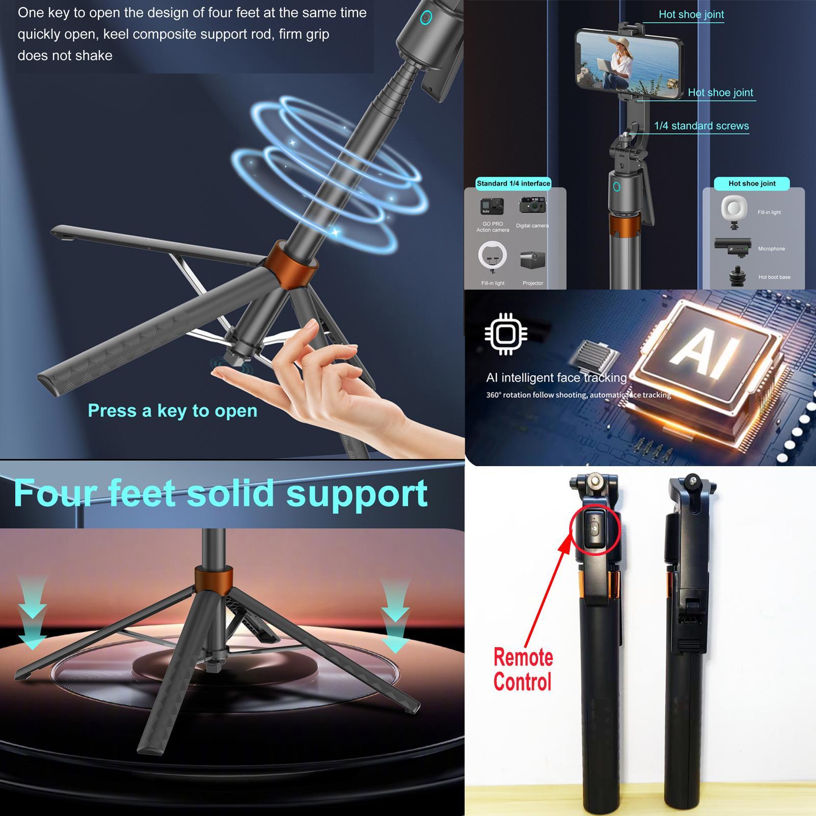 360° Rotatable Selfie Stick Tripod, Rechargeable Smart Face Tracking Tripod with 2 Fill Lights, Auto Face Tracking Phone Holder for Vlog, Live Streaming, Remote Tripod