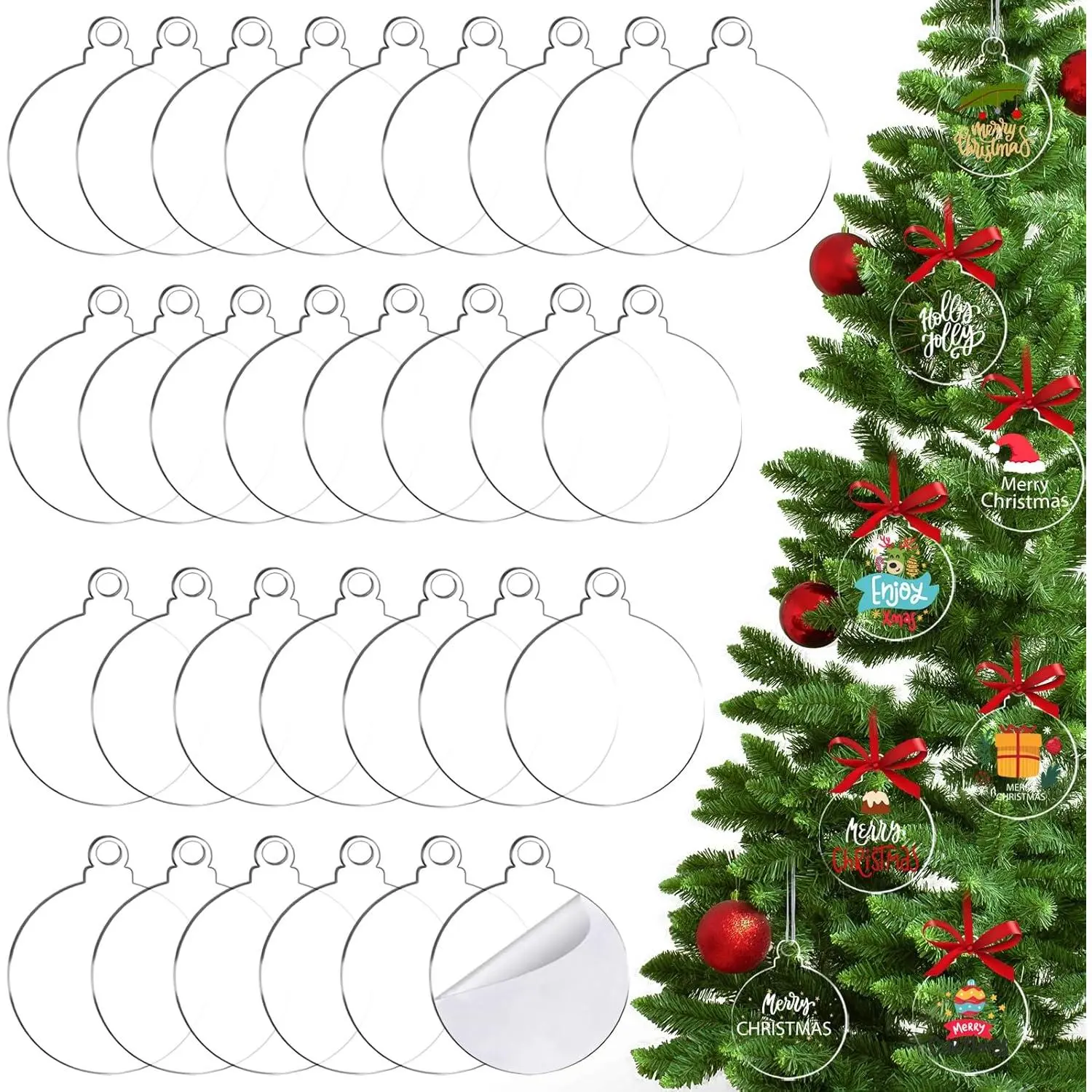 30 Pack 4 Inch Clear Round Acrylic Flat Disc Christmas Tree Ornaments Blanks - Transparent Circle Discs for DIY Crafts, Xmas Winter New Year Party Hanging Decorations