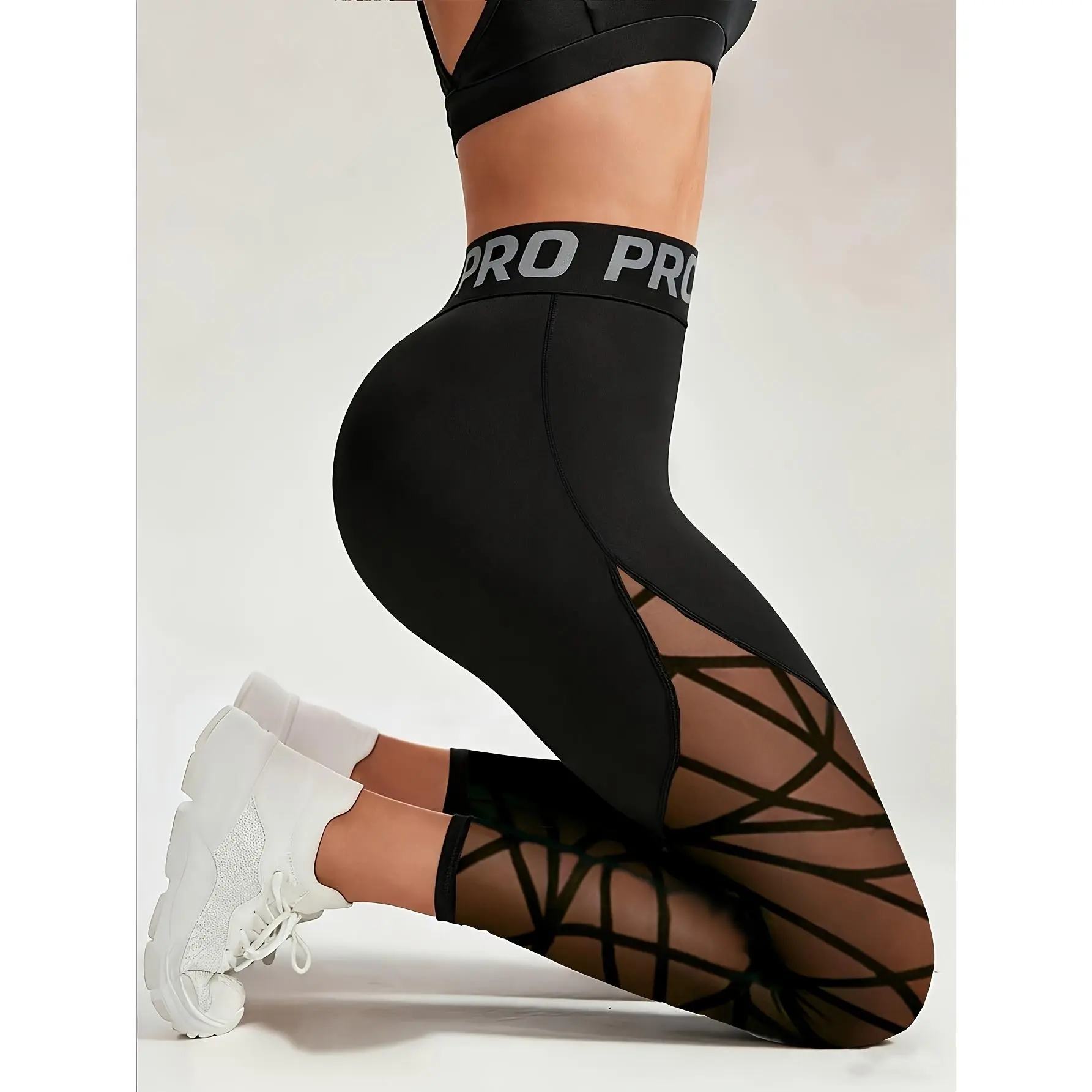 Women's-Waisted Black Skinny Cut Polyester Blend Yoga Pants - Stretchy, Butt-Lifting, Tummy-Control, Adult Sporty Chic with Reflective Belt & Mesh Patch, Yoga, Running