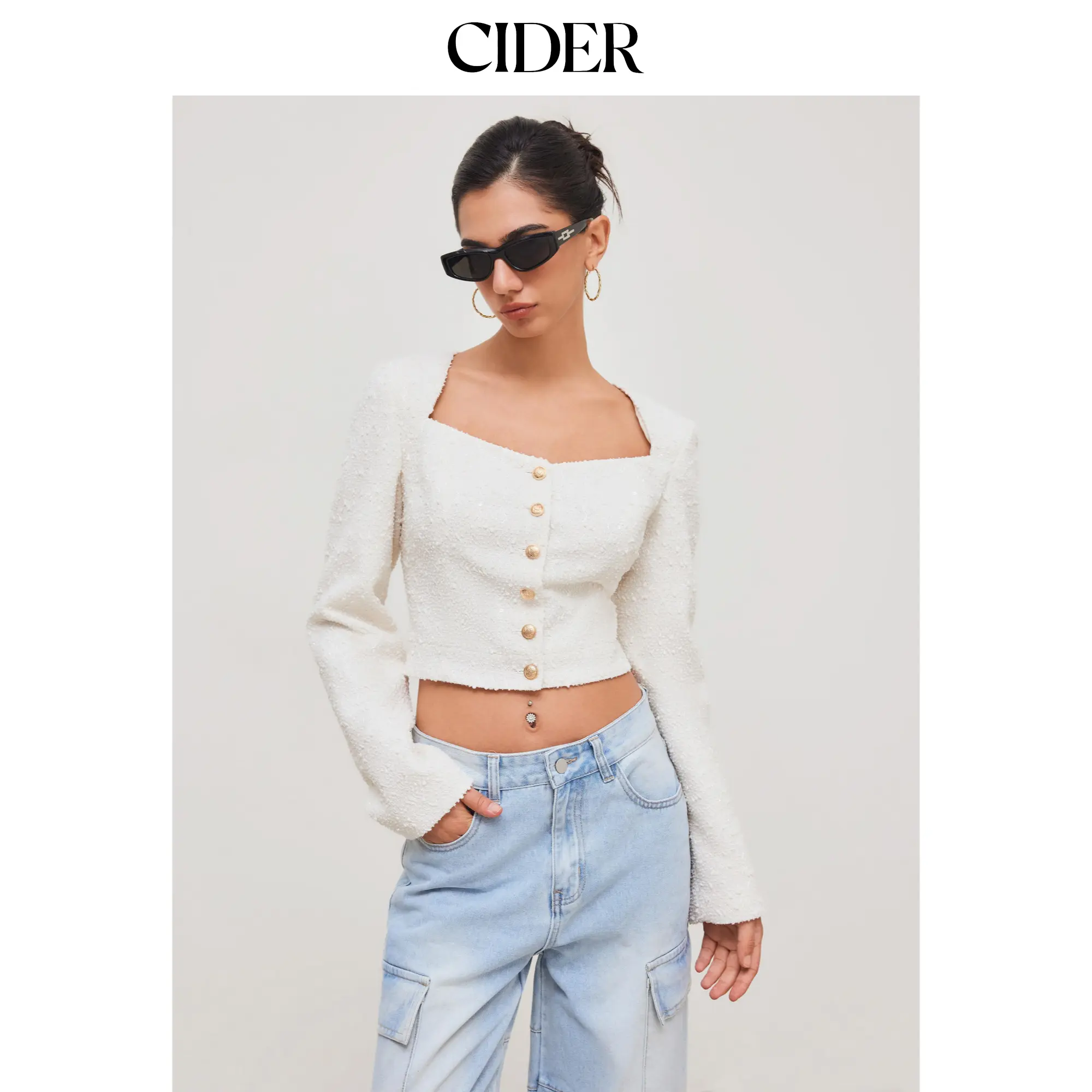 Cider [size 2-10] Tweed Square Neck Solid Button Crop Jacket SummerFinds