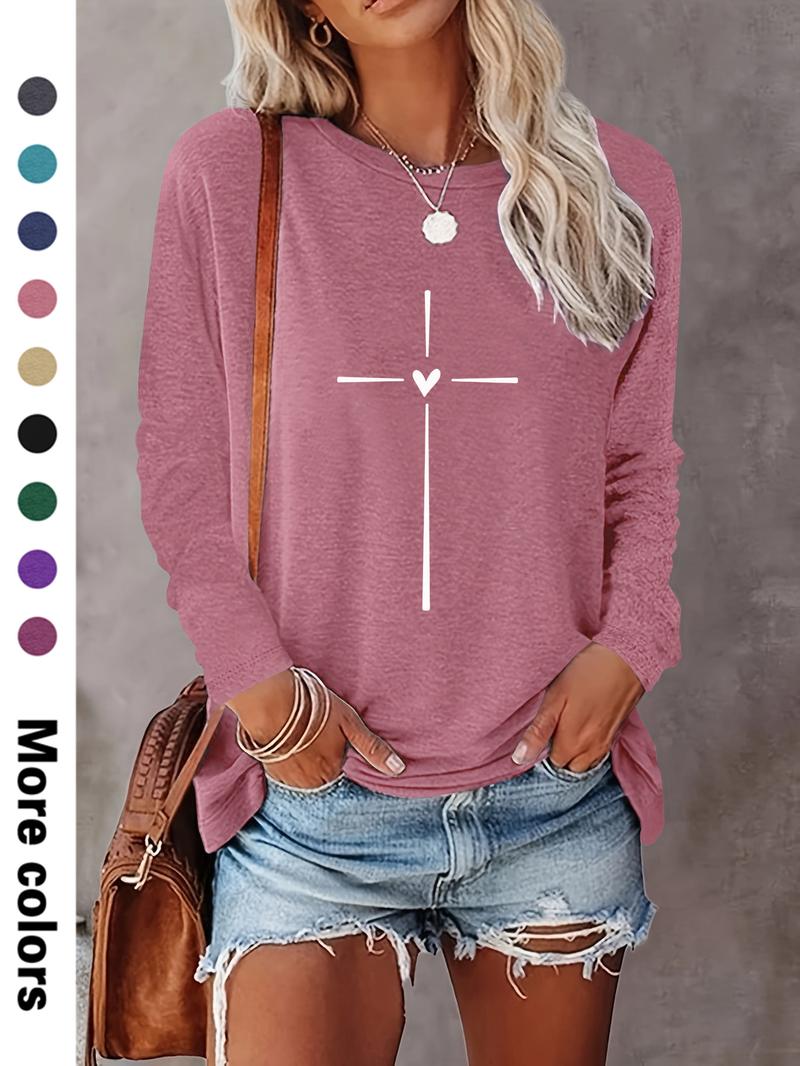 Women's Heart & Cross Print Round Neck Tee, Casual Long Sleeve Crew Neck T-shirt for Spring & Fall, Fashion Women's Top for Daily Wear