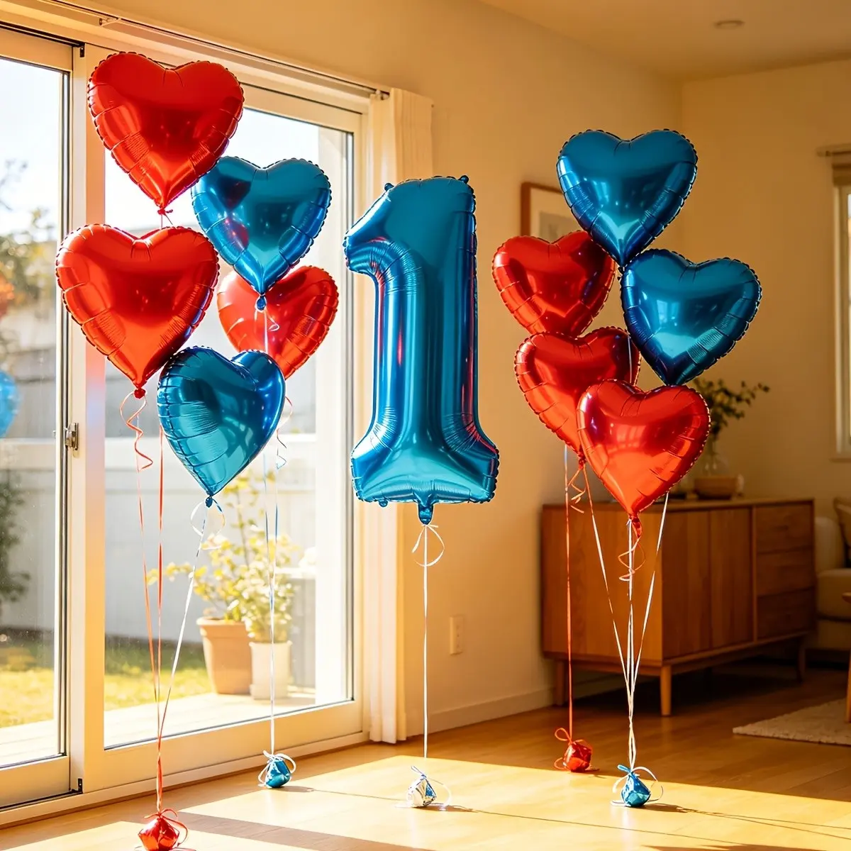 1Pcs 32 Inch Blue Number Foil Balloon, 11Pcs Total Set with Red & Blue Heart Balloons, Boys 1st Birthday Party Decor, Superhero Theme Party, Anniversary Party Supplies