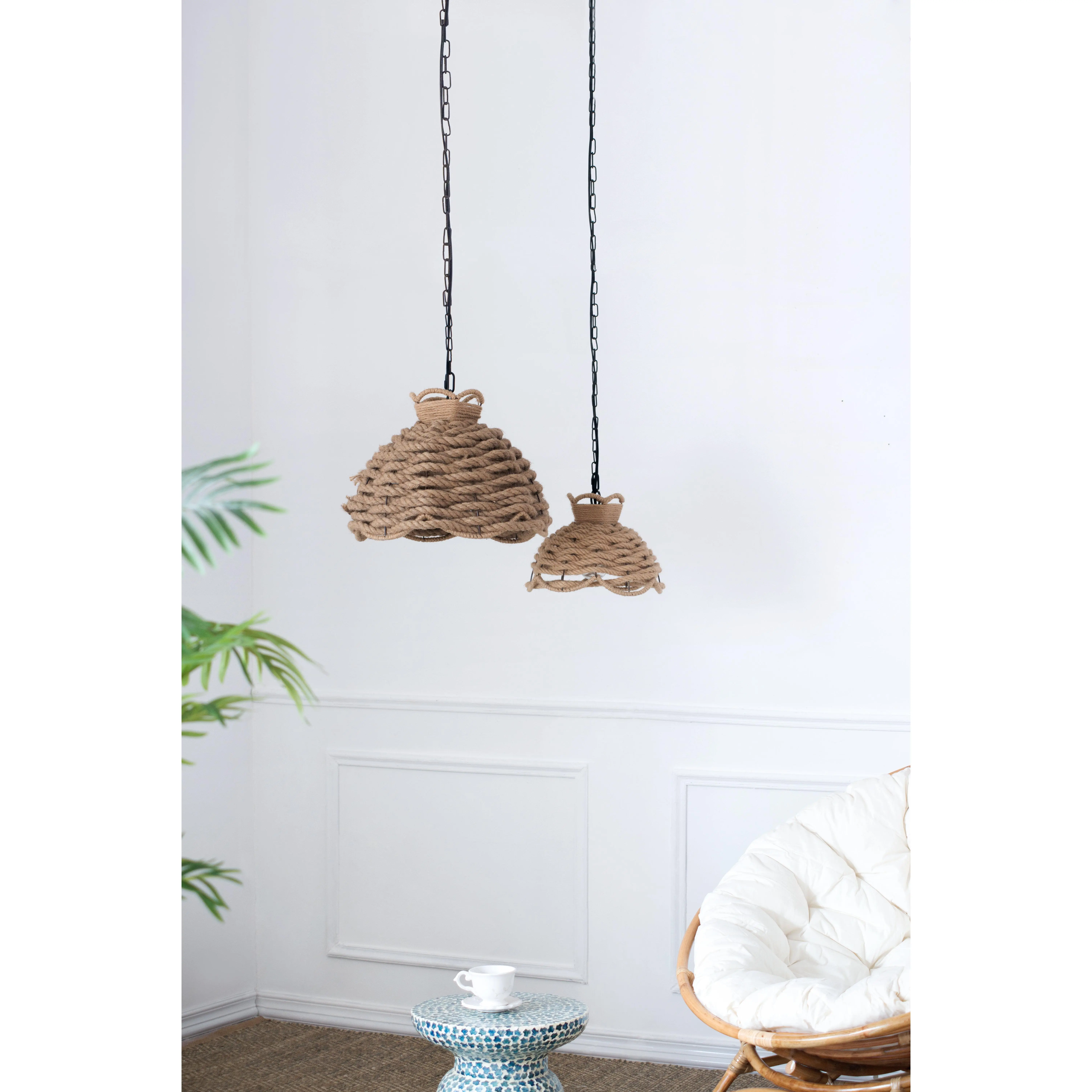 Nokaa S/2 Rope Woven Chandelier Set of 2 Natural Fiber Handmade Pendant Light Fixture Boho Ceiling Lamp for Living Room Dining Room Kitchen Island Bedroom Entryway Farmhouse Decor
