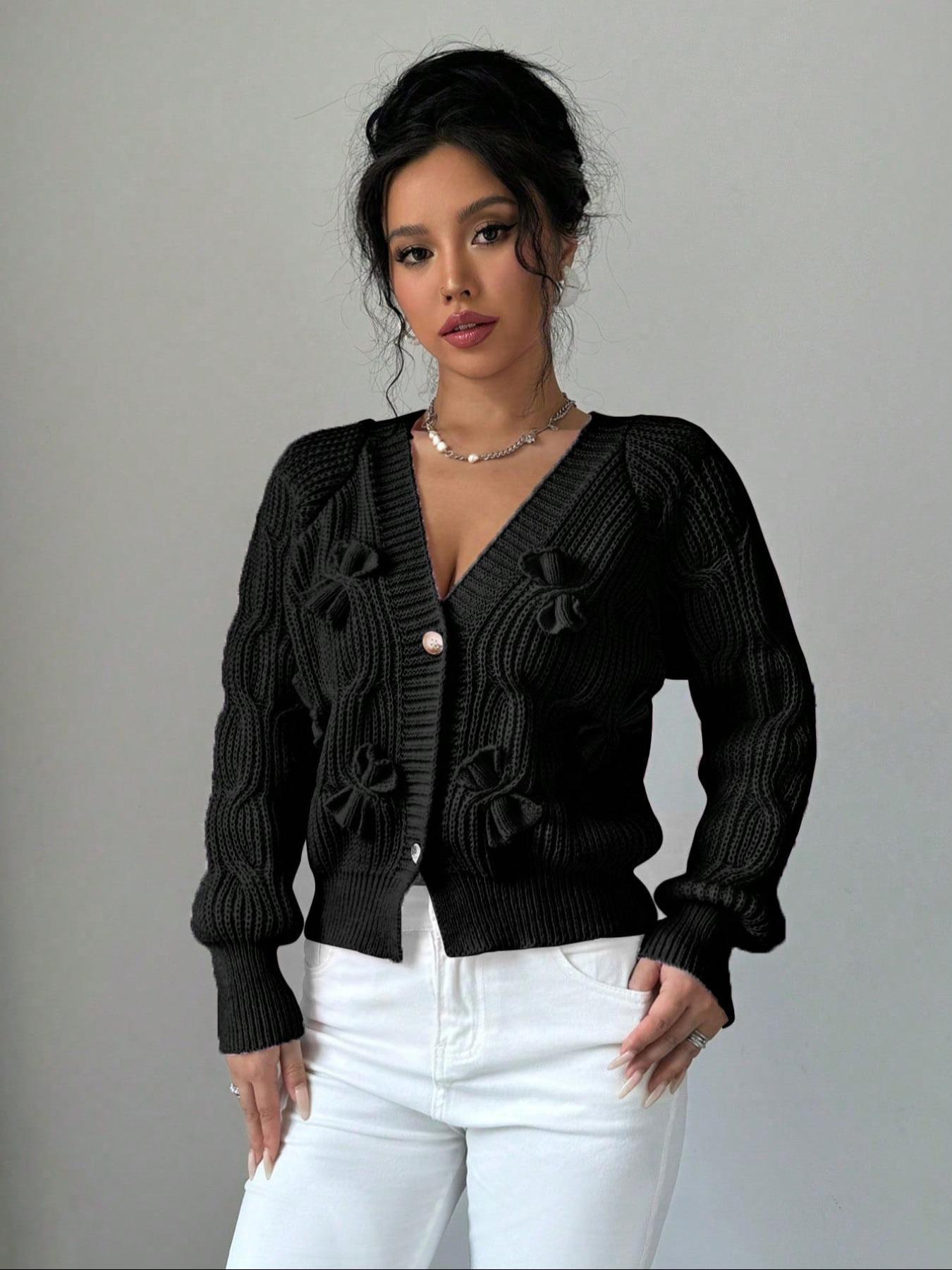 Women's Plain Bow Front Raglan Sleeve Sweater Cardigan, Casual Longsleeves Button Front Knitwear for Fall & Winter, Fashion Women's Knit Clothing for Daily Wear Valentine's Day, gift, Knitting