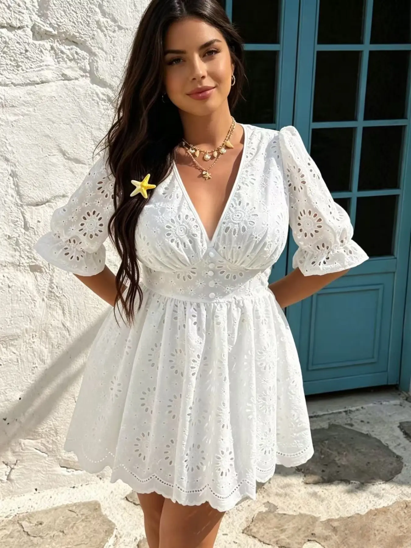 Custom Embroidered Cutout V-Neck Floral Dress, Jacquard Fabric, Embroidery, Elegant Design, Elegance, Perfect for Special Occasions