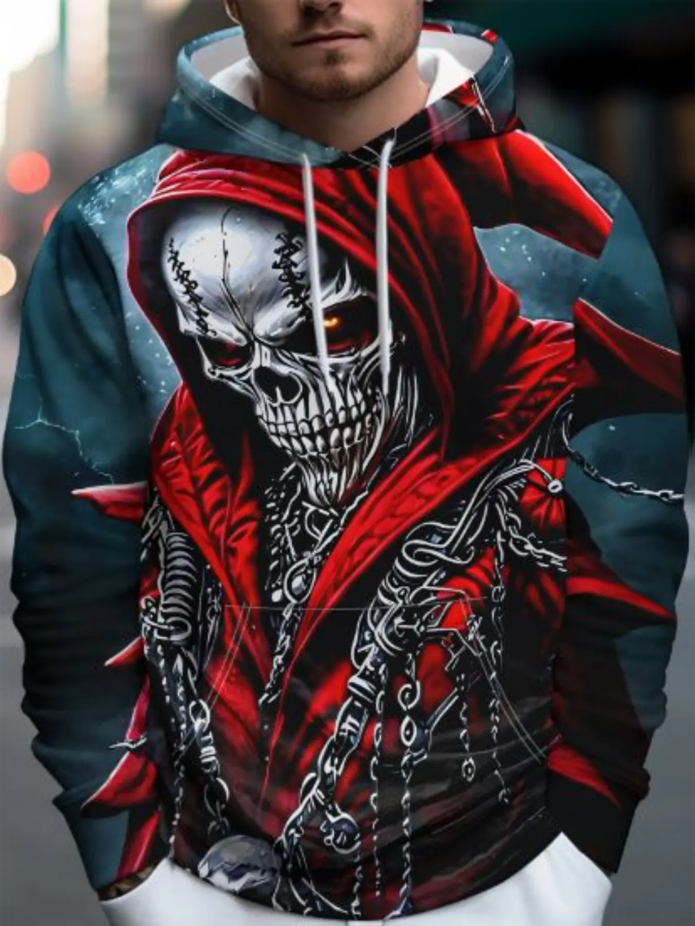 Men's Street Style Hooded Sweatshirt, Robe with Skull and Eye Pattern, Chain and Lightning Elements, Fall & Winter Casual Clothing