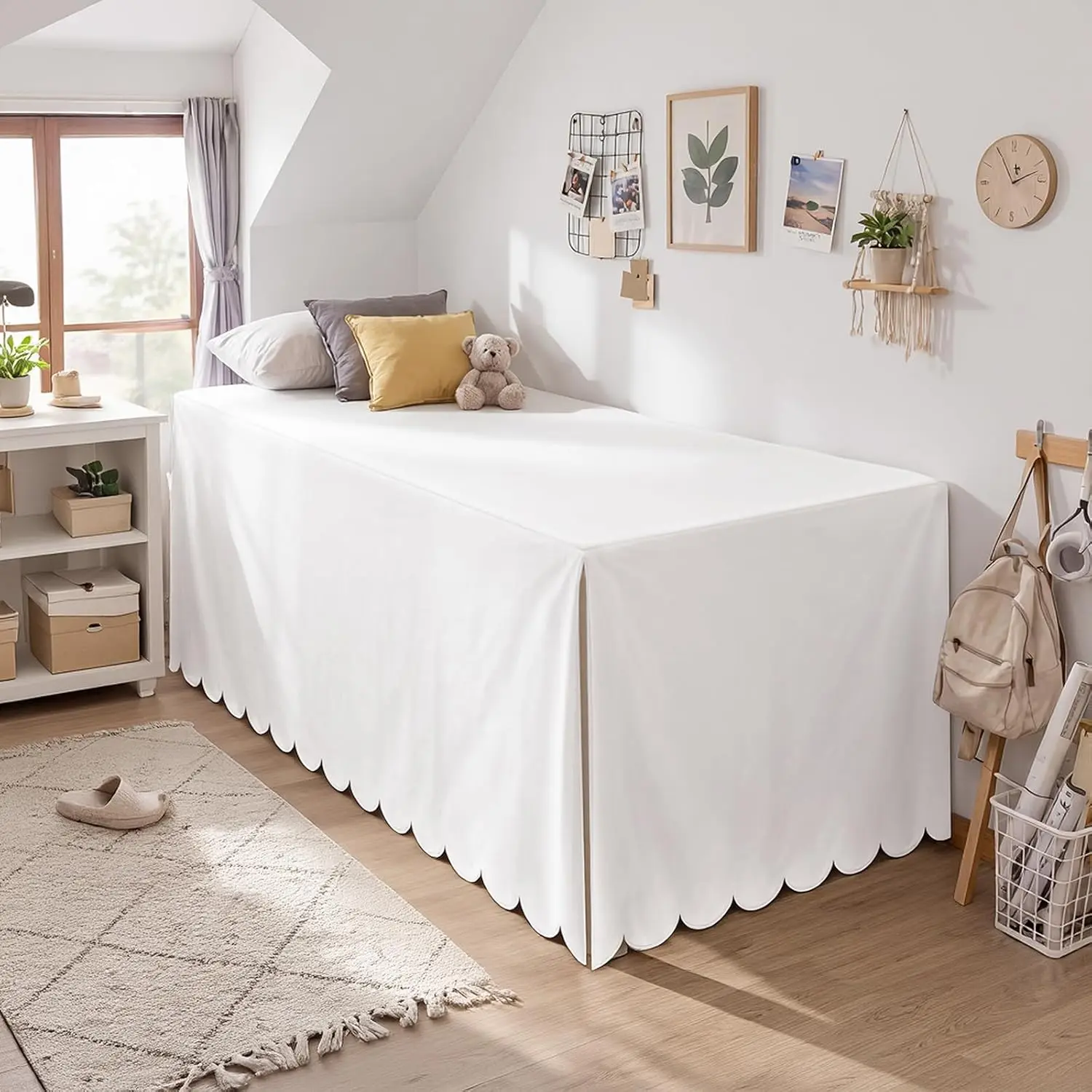 Scalloped Twin XL Dorm Bed Skirt, Long 32" Drop, White Pleated Bed Skirt, Microfiber Dust Ruffle for College Dorm Room, and Washable