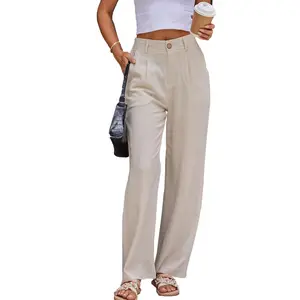 Women's Linen Dressy Work Casual Pants Summer Business Straight Wide Leg Cotton Linen Trouser Pants(Gift)