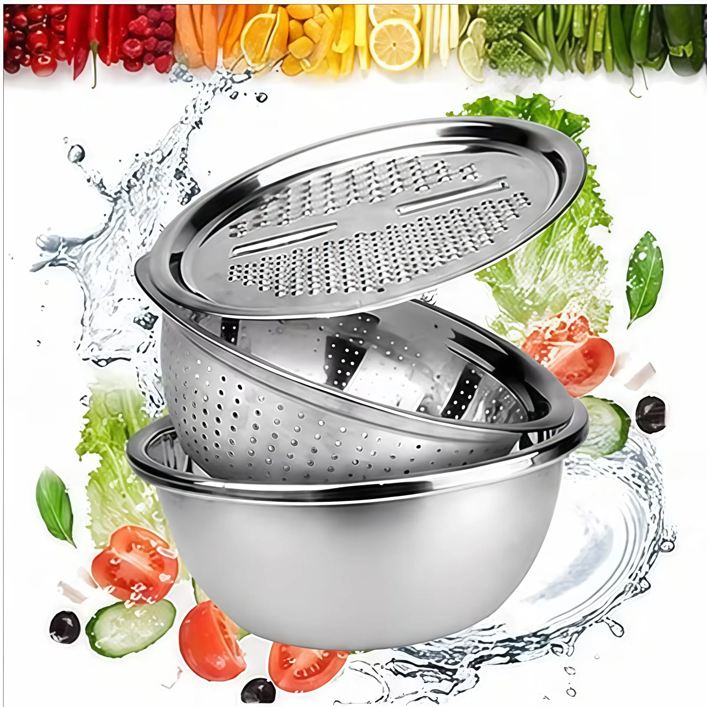 3-In-1 Stainless Steel Mixing Bowl Set, Colander Strainer & Slicer Lid, Multi Function Kitchen Basin, Food Prep Cooking Baking Gadget, Strainers And Colanders