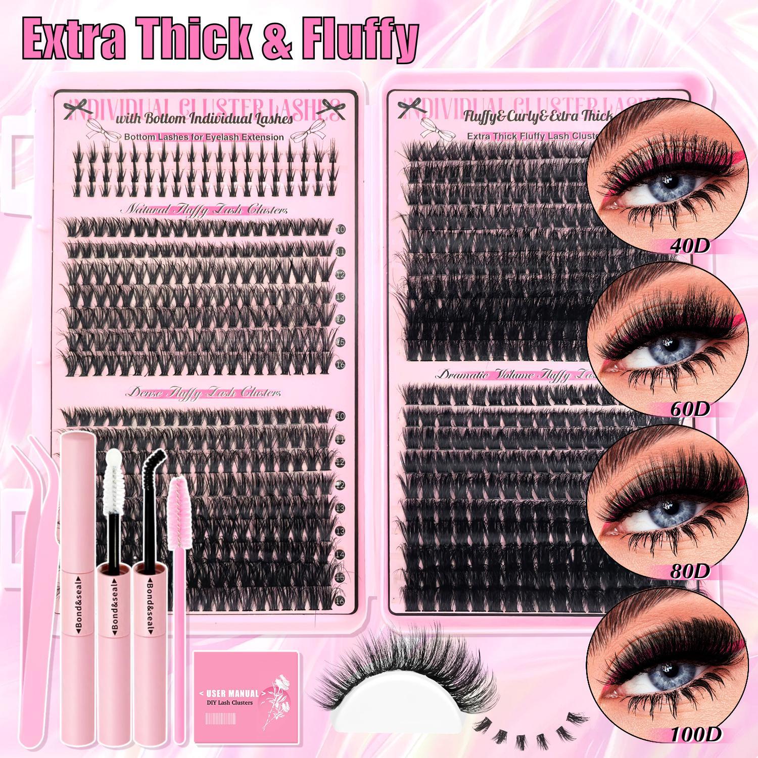 Natural Look Eyelashes Extension Set, DIY Eyelash Extensions, 1 Set Eyelashes Clusters & Lashes Glue & Tweezers & Brush, Eye Makeup Accessories for Women, Eyelash Extension Kit Cosmetic