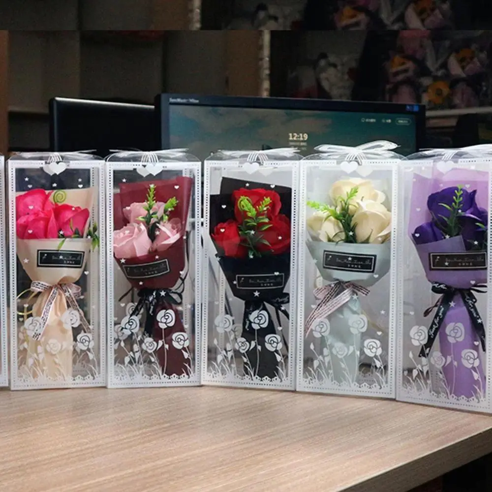 3-Heads Artificial Rose Soap Bouquet with Hand-Held Decorative Box, Car Exterior Decoration Accessory, Valentine's Day Gift for Romantic Occasions, Suitable for Flowers-Themed Parties, Desk, Bedroom, Office Decor, Party, Classic
