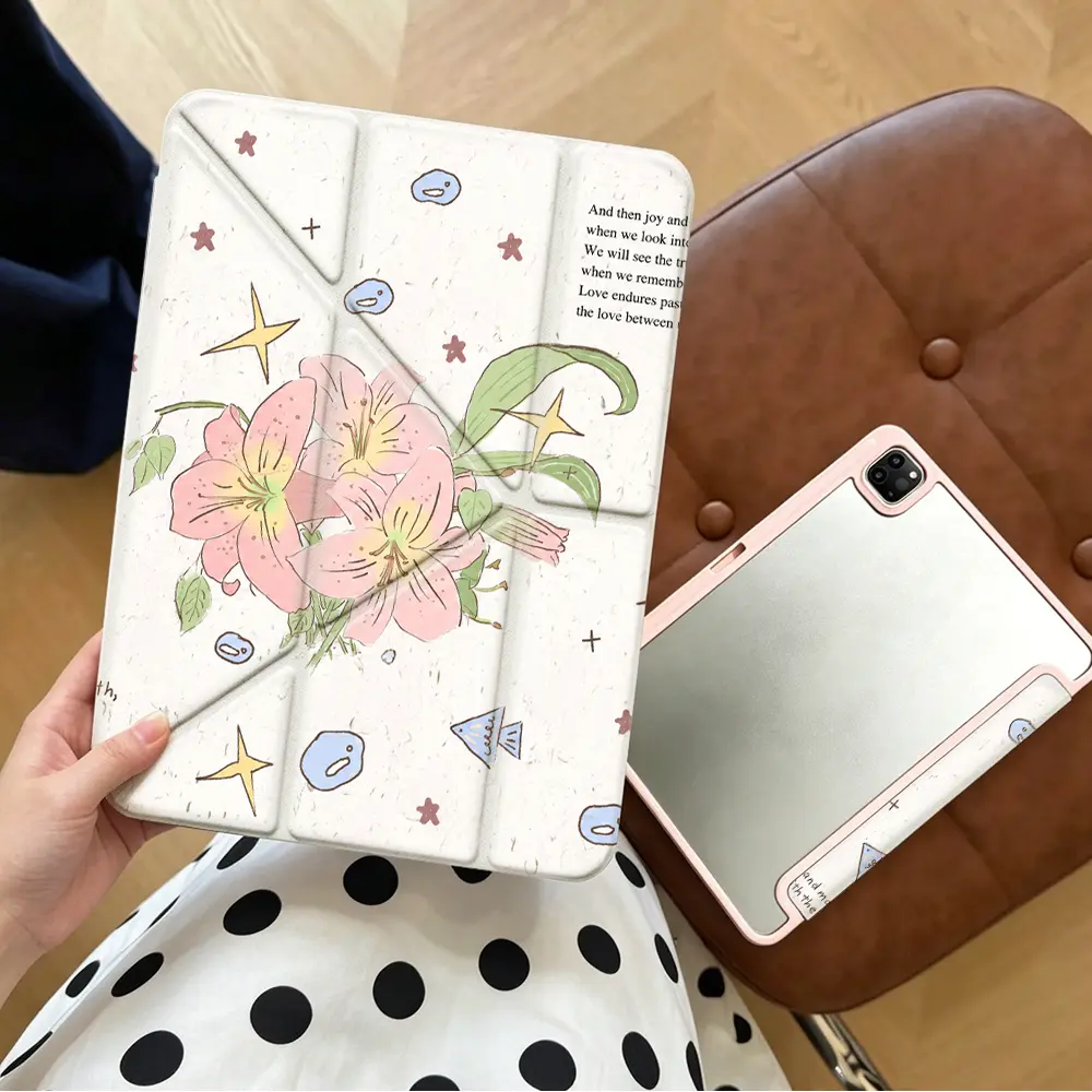Yshaped Pink Lily Flower Tablet Protective Case， HandDrawn Watercolor Aesthetic Style， Compatible With Apple ipad 10th generation/IPAD Pro 13 2024/pro 12.9 2022/pro 11 2022/IPAD Air1/2/3/4/5/6th， With Pencil holder， Delicate Nature Floral Gift