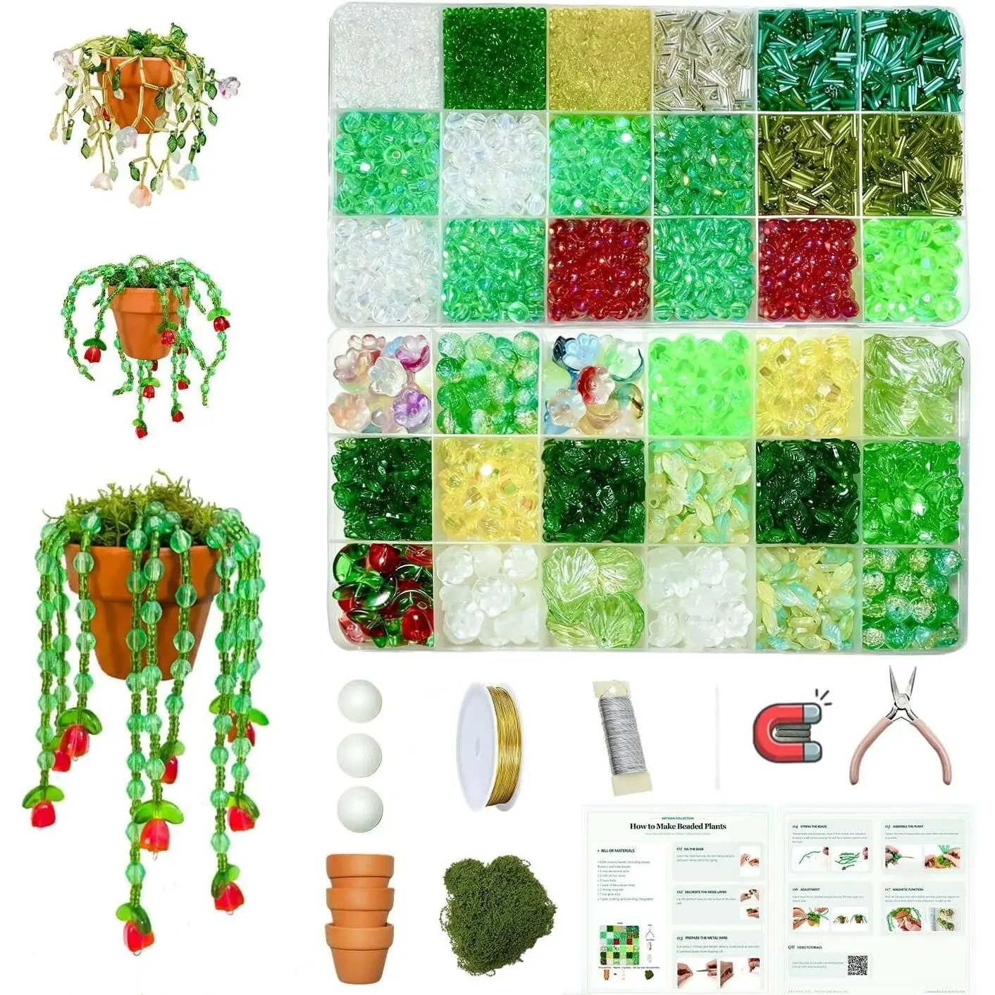 6384pcs Beaded Plants Kit Magnets for Fridge, Green Beads Leaf Glass Flowers for Succulent Plant Lover DIY Jewelry Making Craft Gifts, Colorful Dangling Charms Sun Catchers for Window Home Décor