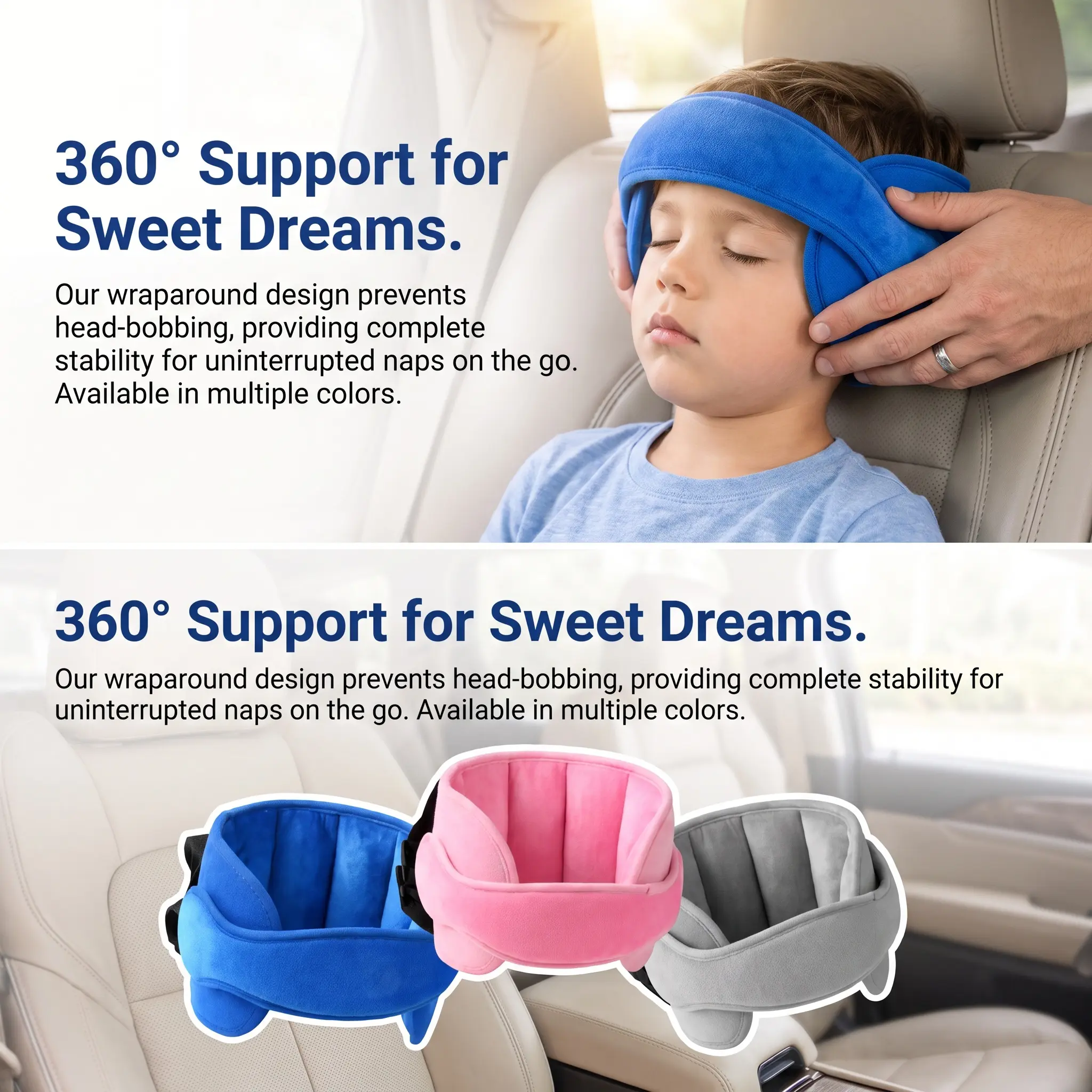 Kids Car Seat Head Support Strap, Soft Plush Adjustable Nap Support Band with Padded Side Cushions, Portable Travel Headrest Accessory for Toddlers and Children, Blue Pink Gray-YY0