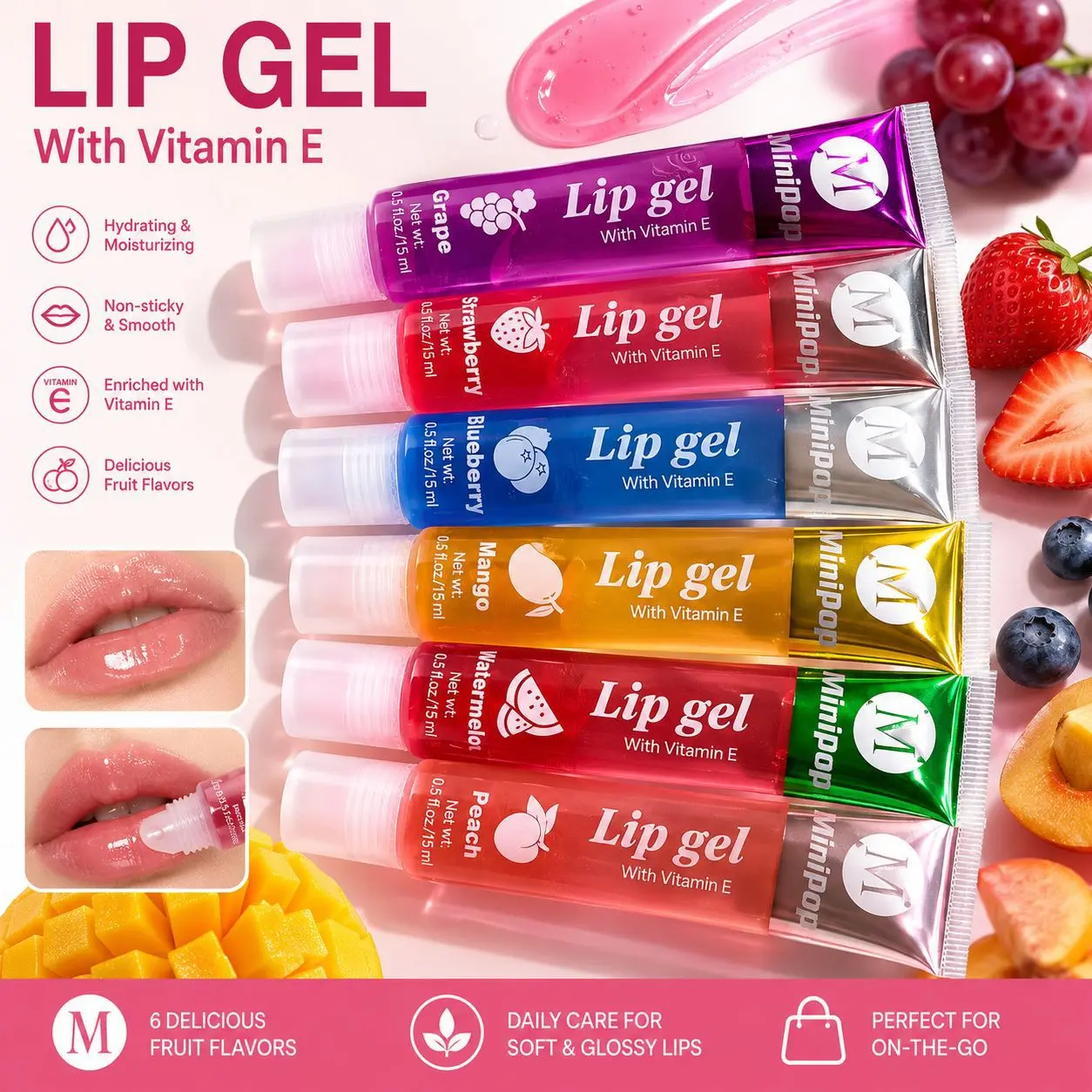Fruit Scented Lip Gel Lip Gloss, Minipop Hydrating Lip Oil Infused Vitamin E, Shiny Plumping Lip Care Balm, 6 Natural Fruit Flavors, Non-sticky Clear Lip Gloss for Teen Girls Daily Lip Makeup