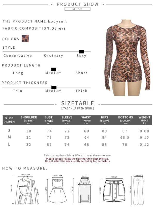 shapewear kliou Mesh Leopard Women Playsuits Sexy Hot Thin See Through Backless Full Sleeve Bodyshaping Romers Female Stunning Clubwear Womenswear Bodysuit Overalls Leopard_Brown Tops Halter Plaid