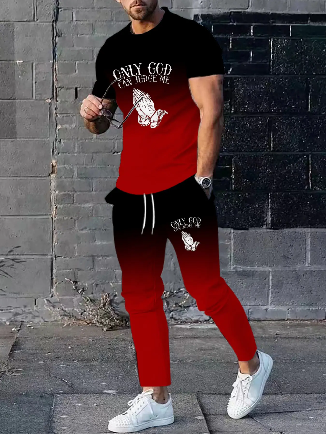 Men's Casual Sporty Fitted Print Set, Gradient Prayer Hand Design, Only God Can Judge Me, Loose Round Neck T-Shirt & Pants Combo
