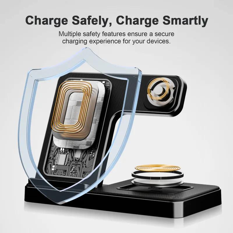 3 in 1 Wireless Charging Station, Foldable 15W Fast Wireless Charger Stand for Apple Devices, Qi-Certified for iPhone 18/17/16/15/14/13/12/11/Pro/Max/X/XR/Samsung, iWatch-SE/7/6/5/4/3/2 & AirPods, QC-3.0 Adapter Included