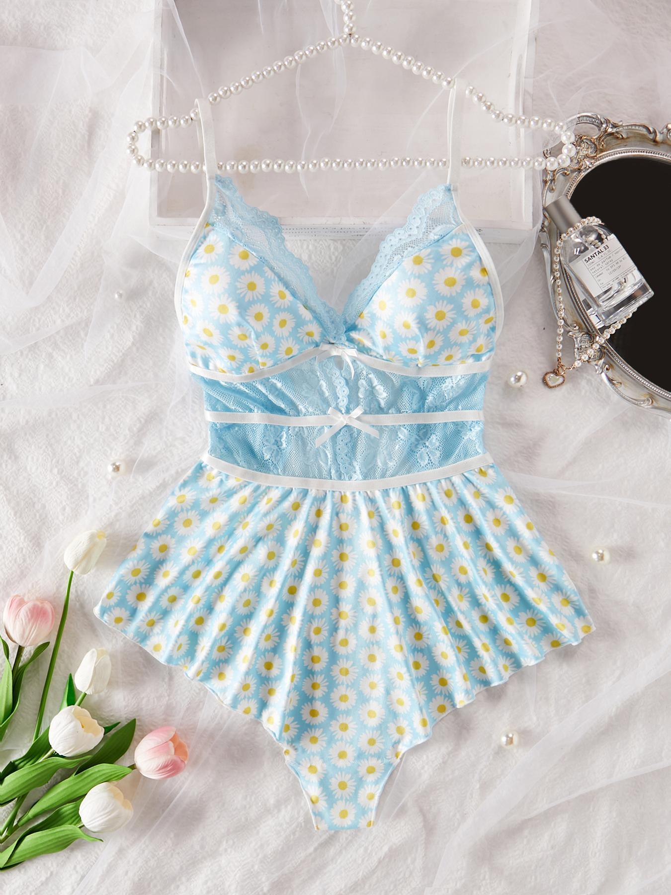 Women's Daisy Print Contrast Lace Sexy Cami Romper, Sexy Cut Out Sheer Lingerie Romper for Indoor, Ladies Summer Clothes, Rompers for Women