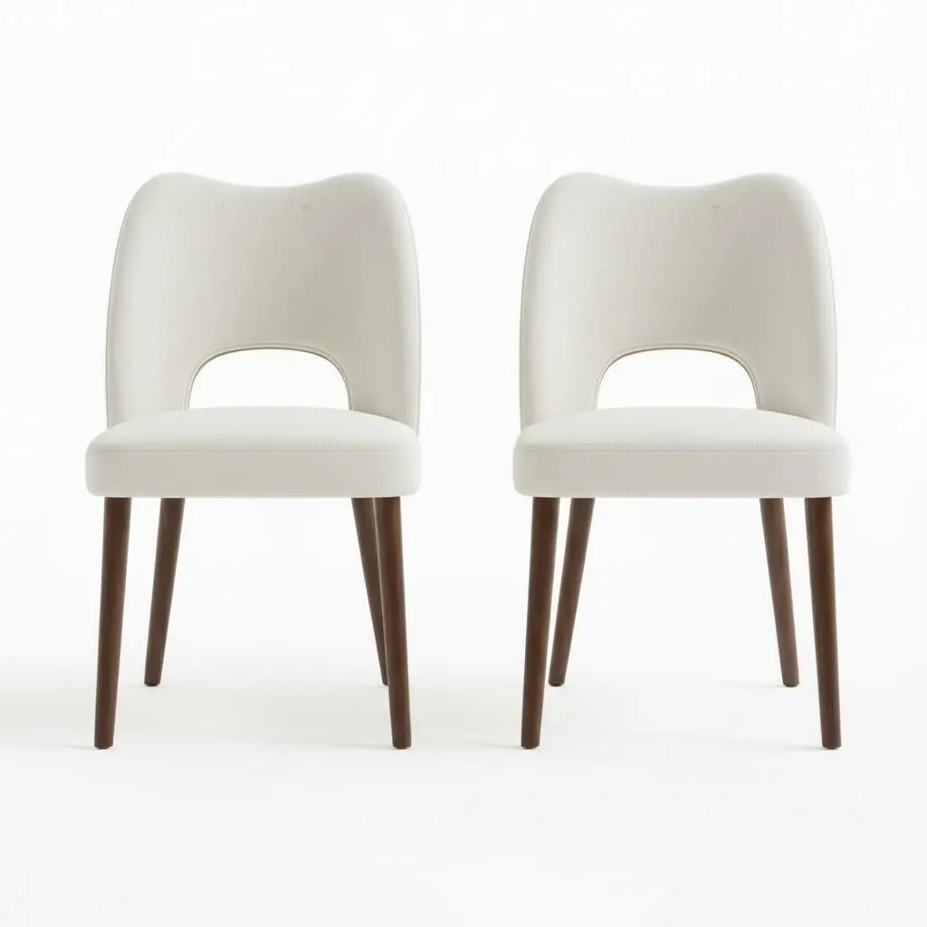 2PC Modern Farmhouse Upholstered Dining Chairs, Linen Fabric Cushion Seats - Hollow Back, Solid Wood Legs, Adjustable Foot Pads