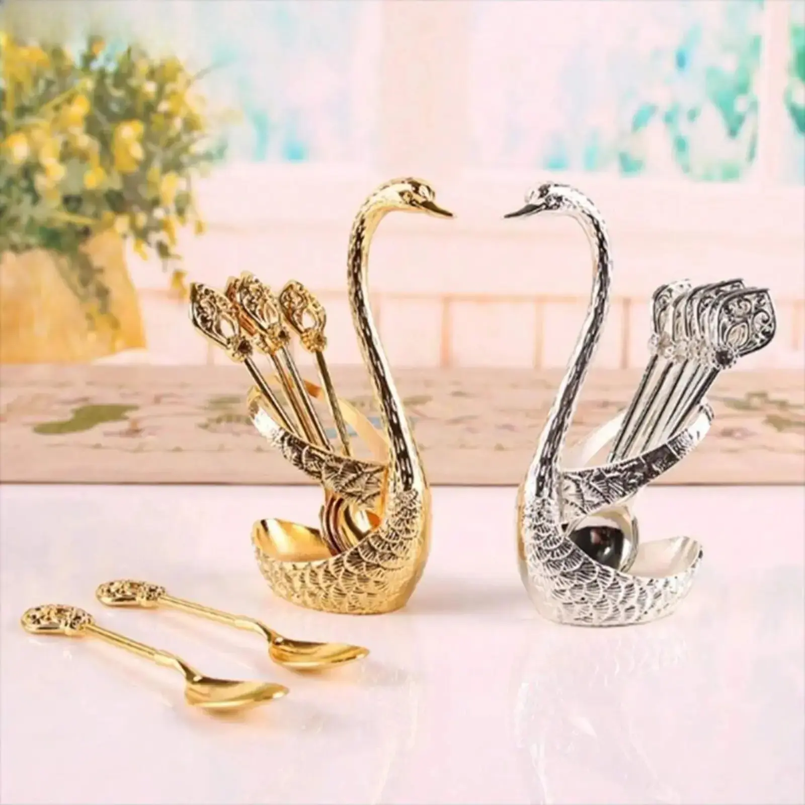 6-Pack Sturdy Rust-Resistant Stainless Steel Swan Coffee Spoons Set with Creative Swan Holder Base, Elegant Metal Cutlery, Multi-Purpose Kitchen Utensils for Coffee/Tea/Desserts