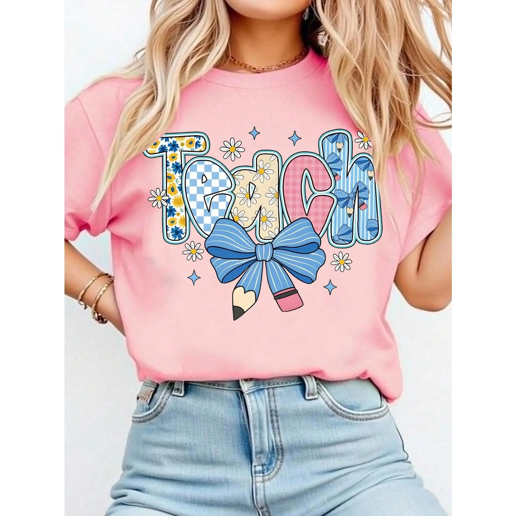 Preppy Teacher Floral Shirts, Teach Blue Floral Tee, Preppy Teacher Tops, Pencil Bow Teacher Checkered T-Shirts