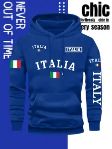 Men's Italian Style Printed Hoodie, Long Sleeve Pullover, Front Pocket, Fall & Winter Streetwear, Comfortable Casual Fashion