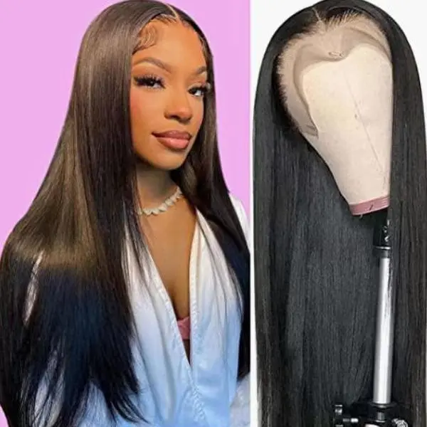 Female wig long straight hair front lace medium black chemical fiber high temperature silk long headgear