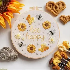 Happy Bee Floral Embroidery Kit for Beginners, DIY Hand Embroidery Craft Set with Stitch Guide and Materials for Home Decor and Needlework Practice