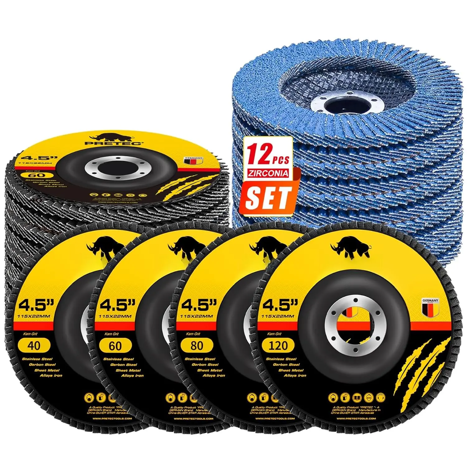 Flap Discs 4 1/2 for Angle , 12 count Flap Discs 40/60/80/120 Grit, 4.5" x 7/8" High Density Zirconia Type 27 Flap Sanding Disc for Grinding, Rust Removal, Sanding and Finishing -12 Packs