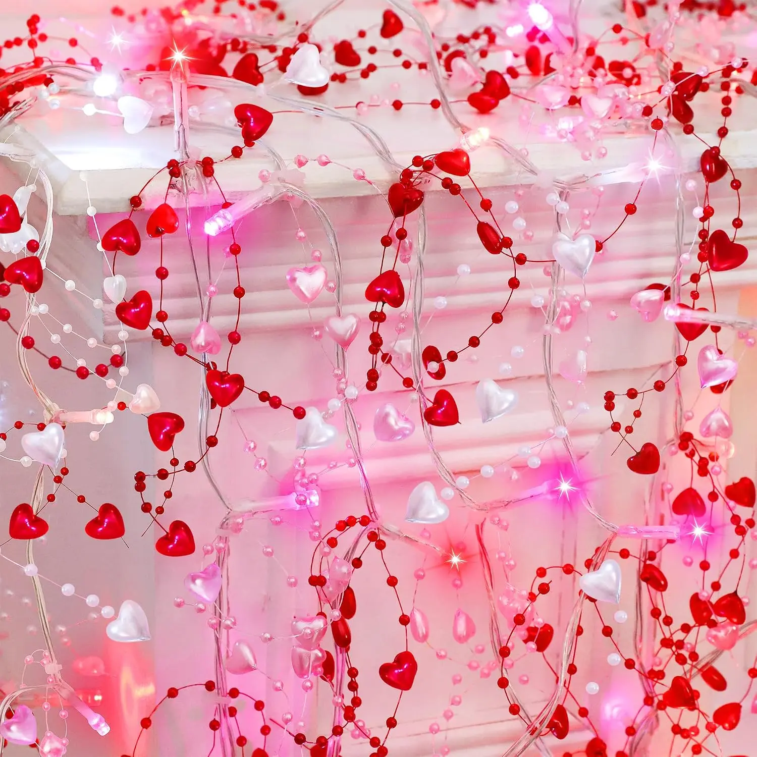 Heart Shape Valentine's Day Decor Garland Lights - 10 FT 30 LED Beads & Hearts Ornaments with Timer, Battery-Operated, 2 Modes, Modern Synthetic Indoor Outdoor Bedroom Romantic Decorations (Red White)