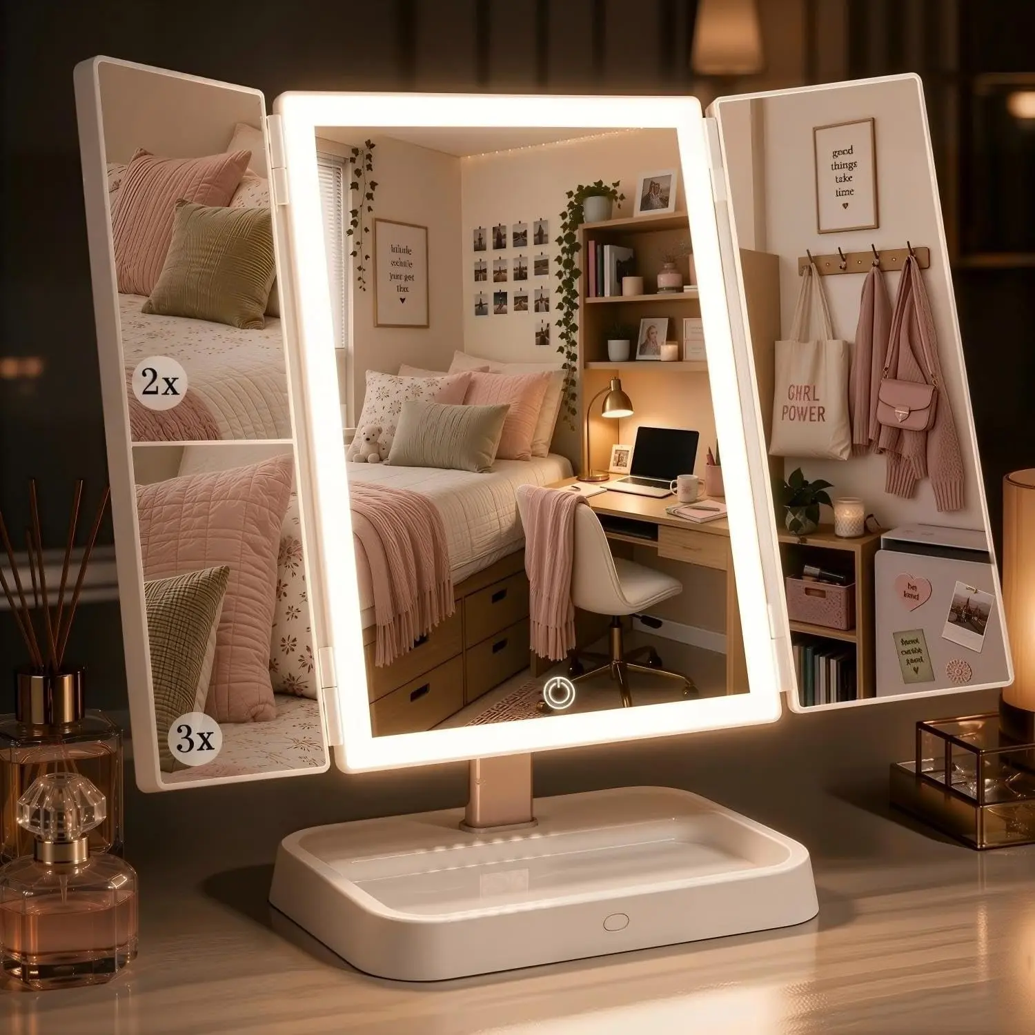 Lighted Trifold Makeup Mirror, 1X/2X/3X Magnification, Rechargeable, White - 9x14 in Tabletop Mirror with 76 LEDs, 3 Color Modes, Touch Dimming, 2400mAh Cordless for Desks and Dorm RoomsGift