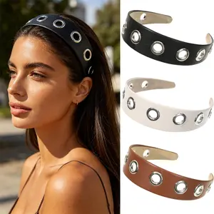 AWAYTR Y2K Grommet Headband for Women Wide Eyelet Headbands Punk PU Leather Metal Hair Accessories 1/2 PCS Gothic Non Slip Stretchy Head Bands for Thin & Thick Hair