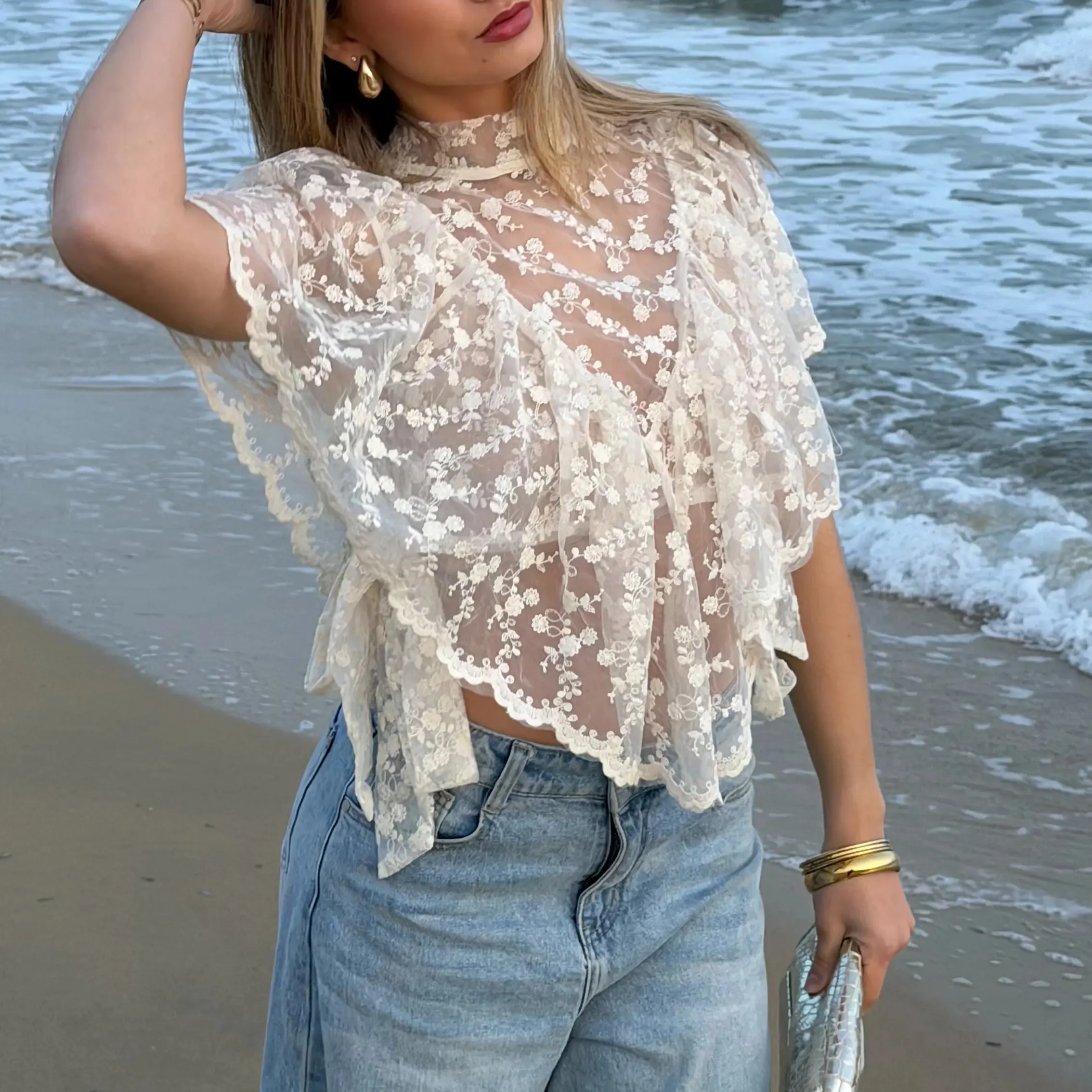 Women Summer Lace T-Shirt Casual Sheer Irregular Ruffled Flutter Sleeves Tops for Streetwear Grunge Clothes