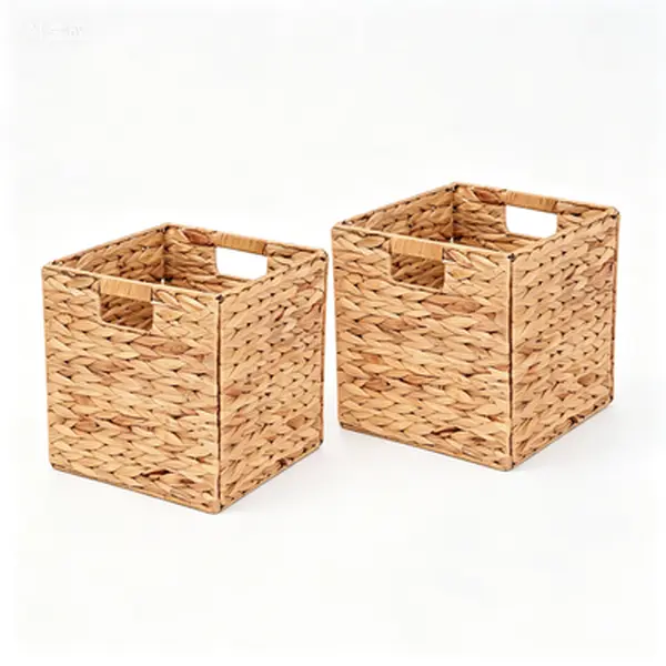 2-Pack Hyacinth Handwoven Wicker Storage Cubes (11x11x11 in) - Foldable Baskets with Sturdy Handles, Rustic Home Organizer for Room, Cabinet, Laundry, Fruit Storage, Metal-Accent Home Supplies Cubby Solution