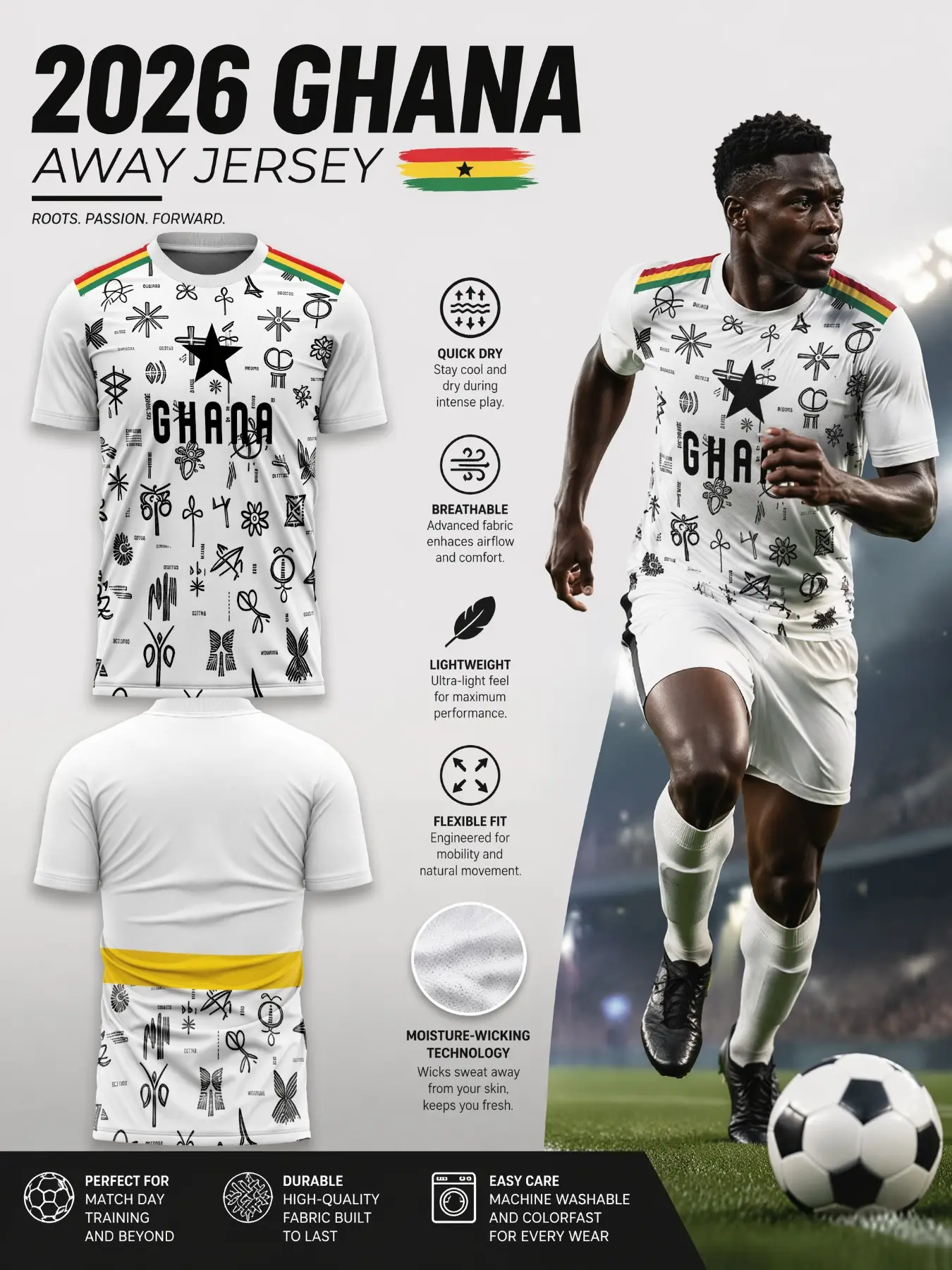Ghana National Team Away Soccer Jersey, Men's Adult, Mesh, Adinkra Print, -Gold- Stripes, Quick-Dry, Lightweight, Durable