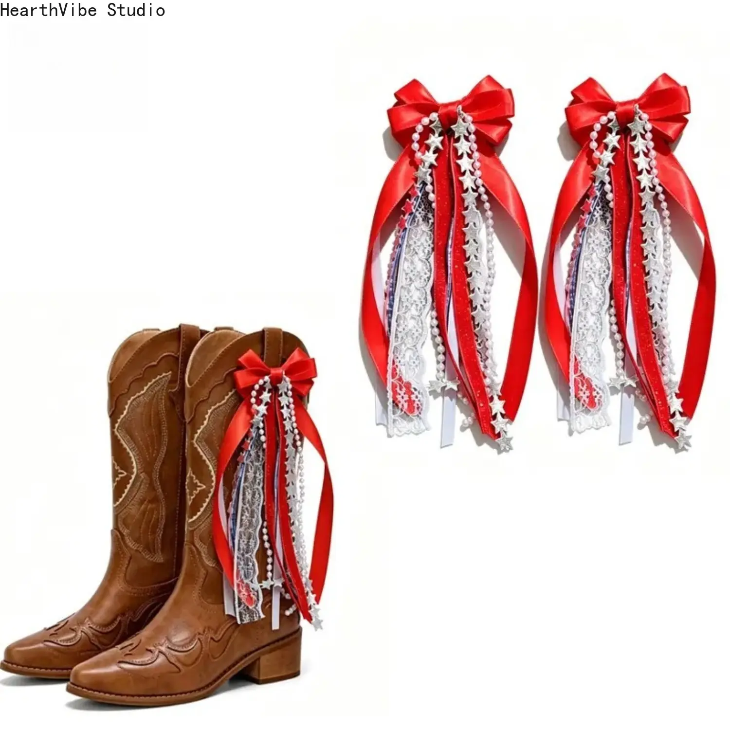 Patriotic Boot Charms for Women, 2 Pcs Red White Blue Star Tassel and Ribbon Bow Footwear Accessories, Western Decor for 4th of July, Shoe, Charm Accessory, Decorative Shoe Accessories