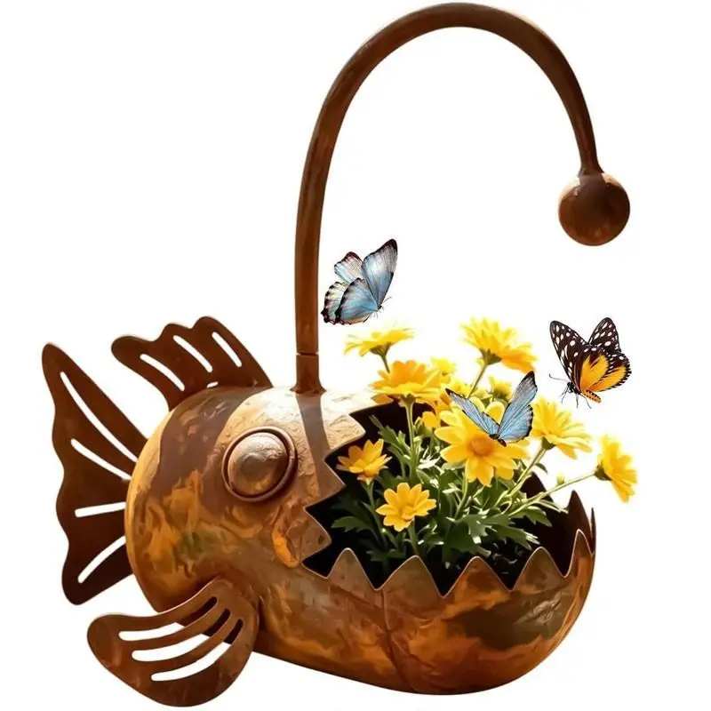 Vintage Rustic Iron Garden Pot, Unique Anti-Rust Fish Art Design, Durable Outdoor Metal Planter for Balcony, Courtyard, Garden, Lawn, Patio, Entryway, Decorative Garden Pots