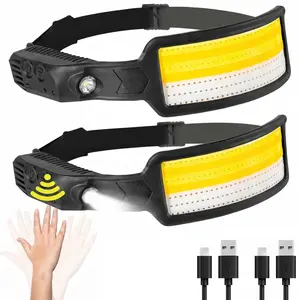 2 PACK Multi-Color LED Rechargeable Headlamp with Smart Wave Sensor, 15 Modes Ultra-Bright COB Tactical Headlight with Red & Blue Flashing Warning, USB-C Charging Waterproof Running Head Lamp, Camping Essentials Tactical Gear