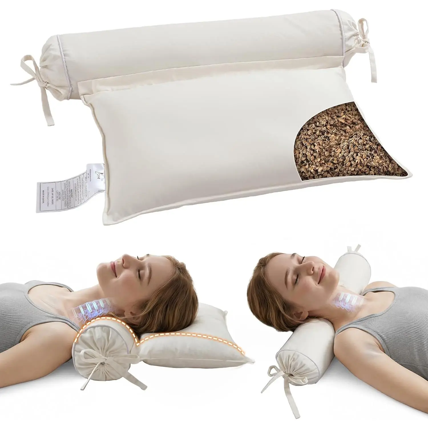 Buckwheat Pillow - 3 Point Support Buckwheat Hull Pillow for Less , 2IN1 Tartary Buckwheat  Roll Pillow for  Support, Adjustable   Pillow with   Pillowcase