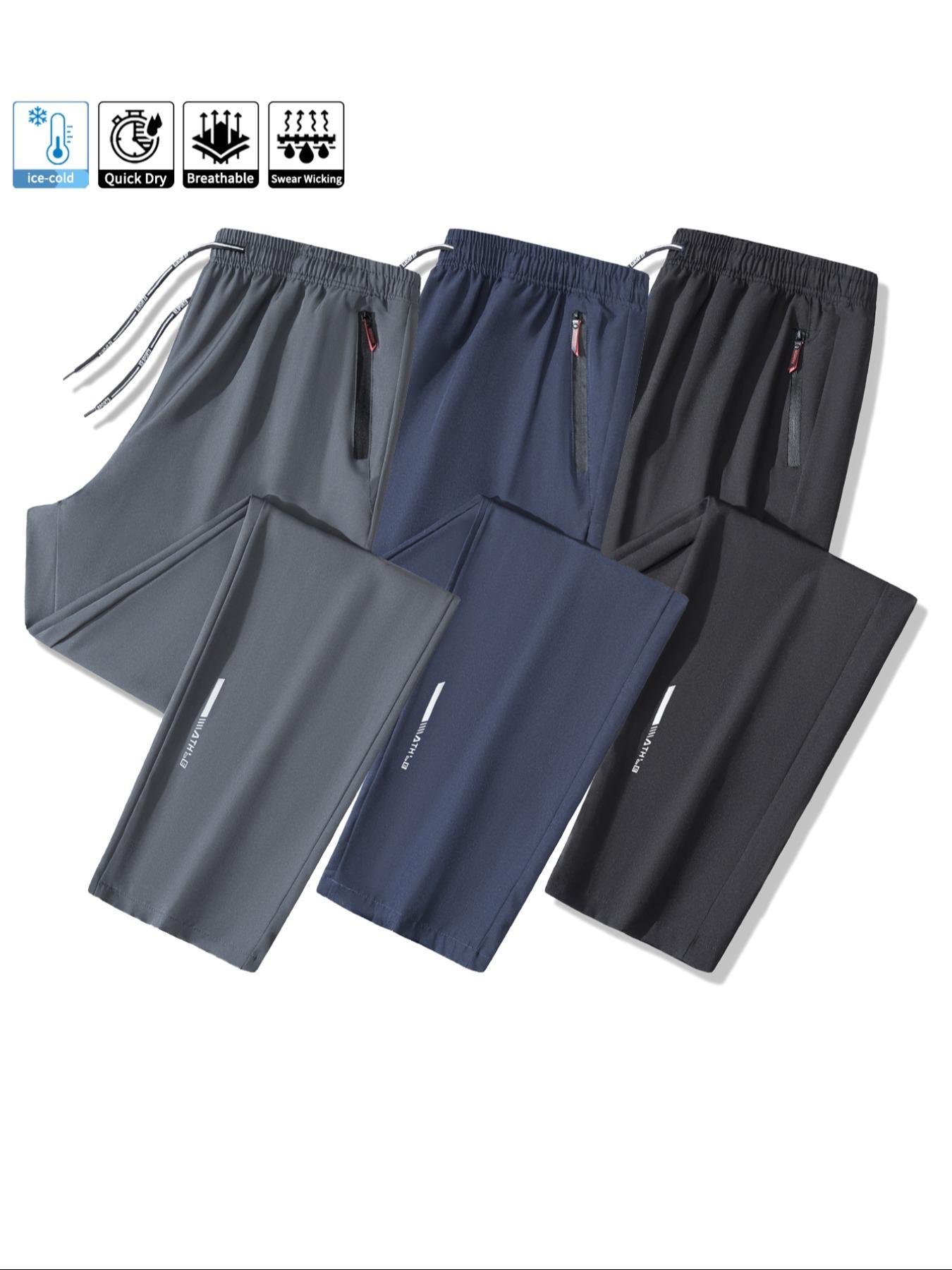 Men's Sporty Thin version Fitted Long Pants Set, Athletic Style Activewear, Zipper Pockets & Elastic Waistband Design, Breathable Sweat-Wicking Fabric for Outdoor Sports & Fitness