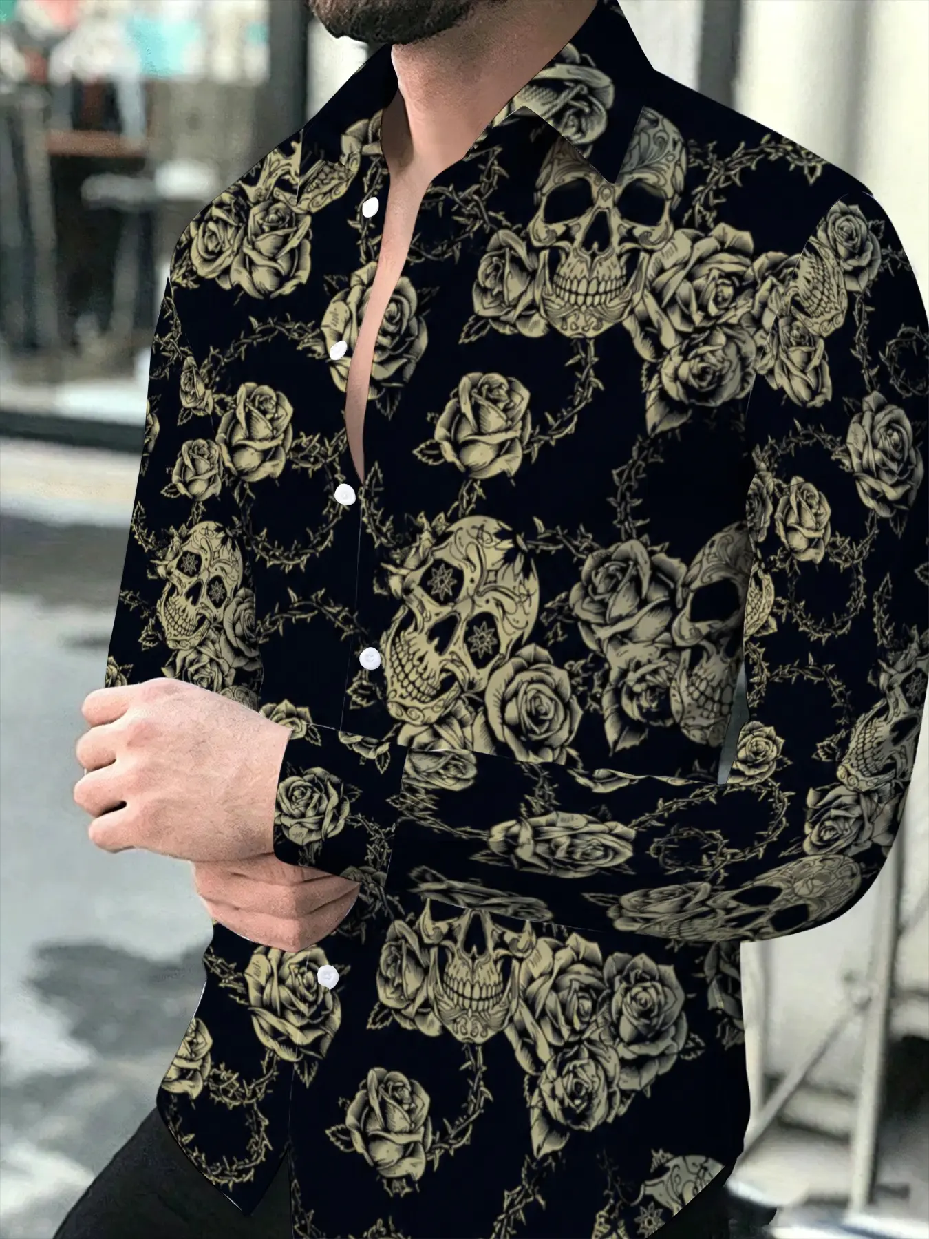 Men's Long Sleeve Shirt Collars with Skull and Rose Print Casual Loose Fit Top, Casual Collared Shirt, Versatile Autumn Style, Suitable for leisure