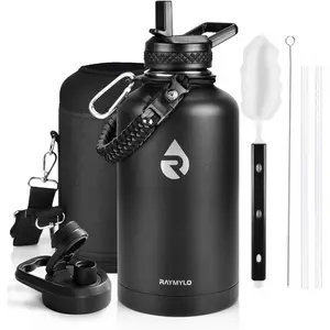 RAYMYLO Insulated Water Bottle 64 ounces, triple-layer vacuum stainless steel (keeps cold for 48 hours), leak-proof and BPA-free, half-gallon water bottle with paracord handle and straw lid, magic black
