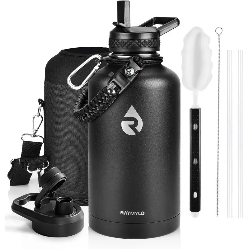 RAYMYLO Insulated Water Bottle 64 ounces, triple-layer vacuum stainless steel (keeps cold for 48 hours), leak-proof and BPA-free, half-gallon water bottle with paracord handle and straw lid, magic black