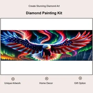American Flag Bald Eagle Diamond Painting Kit with Diamond Pattern Design. Patriotic Eagle with US Flag Wings, Glowing Neon Style Against Aurora Borealis Night Sky. Bold Patriotic Wall Decor, Perfect Holiday Gift, Easy DIY Craft with Full Supplies