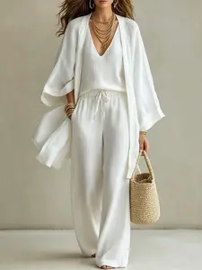 Women's Mid-Length Three-Piece Set, Long Sleeve Open Front Cardigan, Sleeveless Tank Top, Casual Pants, Comfortable Daily Wear