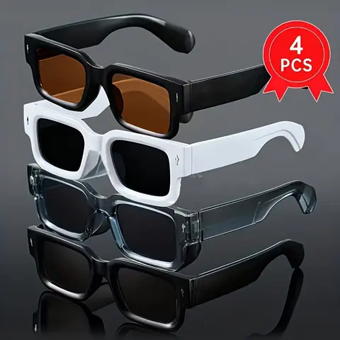 4 Pcs Unisex Fashion Summer Trendy Square Sun Glasses, Stylish Full Frame Design, Ideal for Vacation, Beach Parties, Street Photography, Perfect Gift Choice, Trendy Styling Fashionable Sunglasses